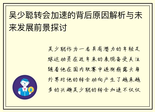 吴少聪转会加速的背后原因解析与未来发展前景探讨